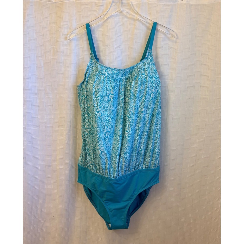 Lands End Turquoise Paisley Blouson One Piece Swimsuit Tummy Control Womens 14